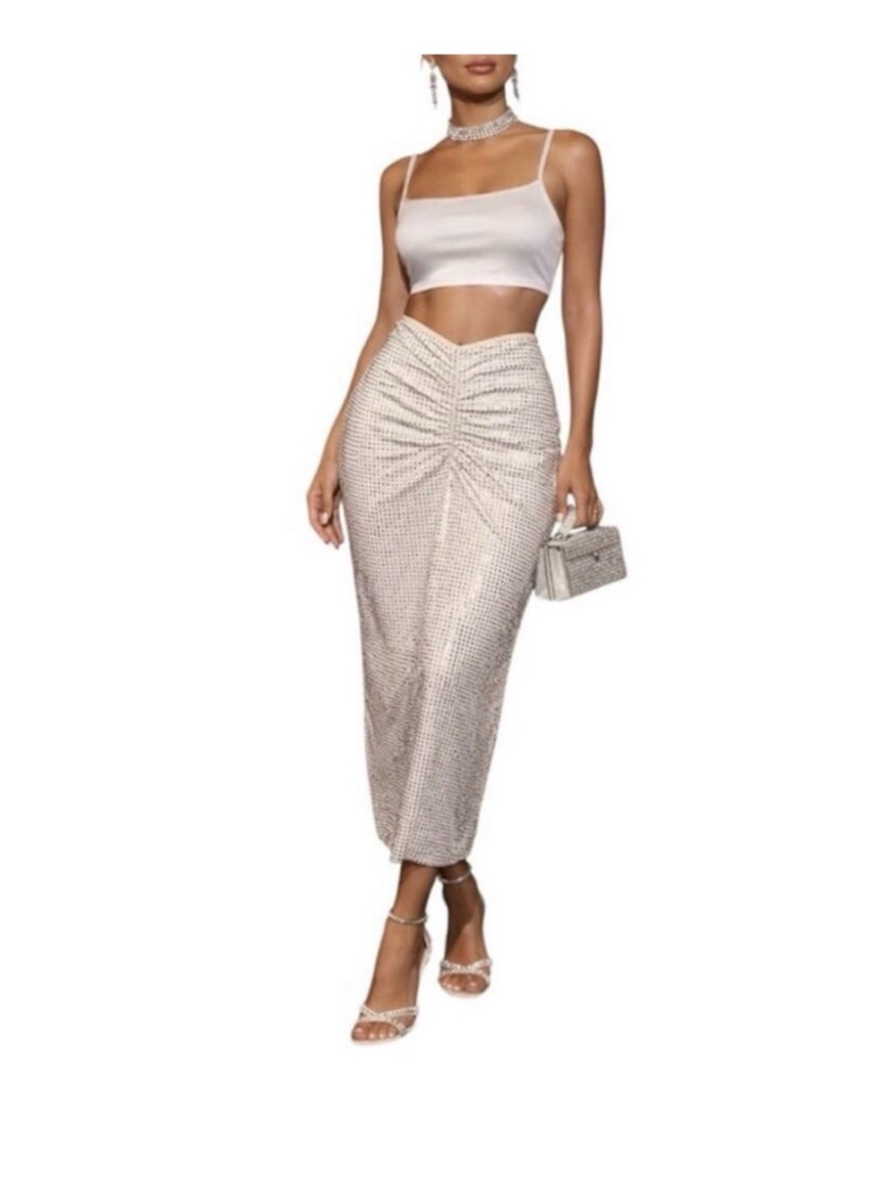 We Wore  Crystal Midi Skirt - Ecru- Size Small